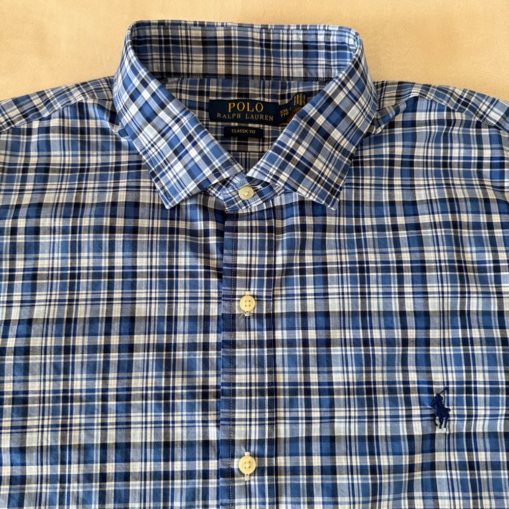 POLO Ralph Lauren XXL 18.5 Plaid Classic Fit Dress Shirt Long Sleeve Blue